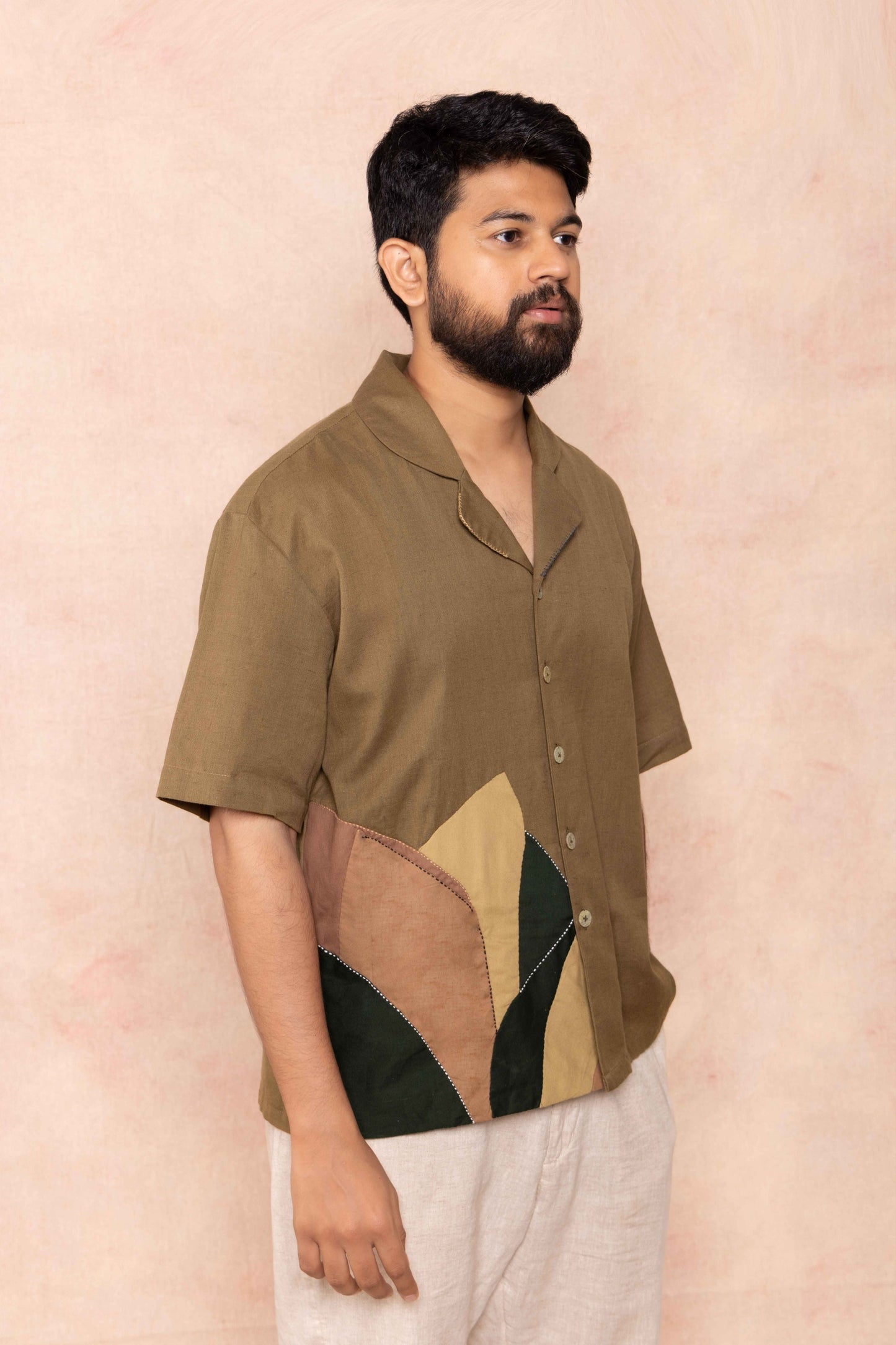 Handcrafted Green Shirt with cuban collar side shot
