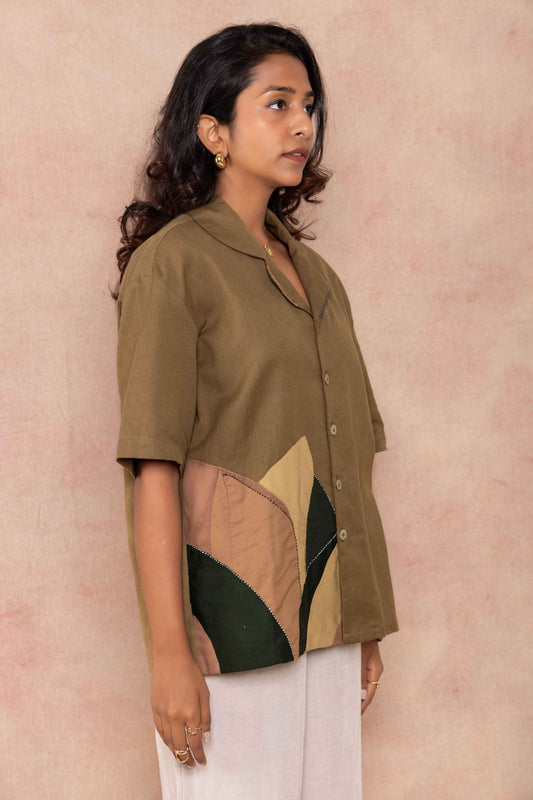 Handcrafted Green Shirt with cuban collar side shot on woman