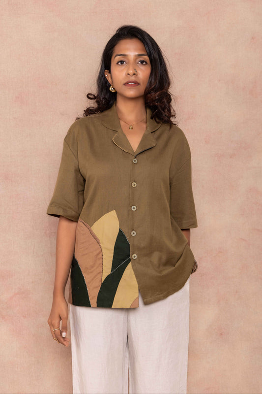 Handcrafted Green Shirt with cuban collar on women