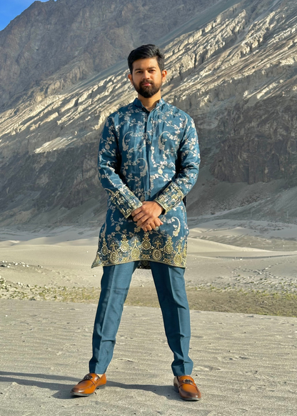 Teal blue Silk Kurta Set