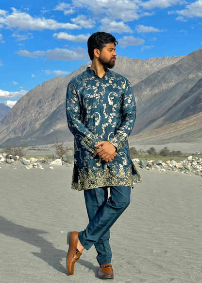 Teal blue Silk Kurta Set