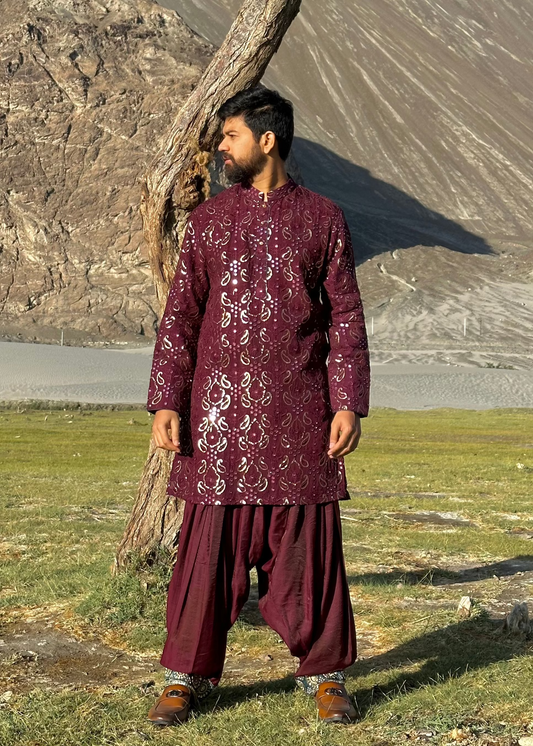 Maroon Sequin Kurta Patiala Set