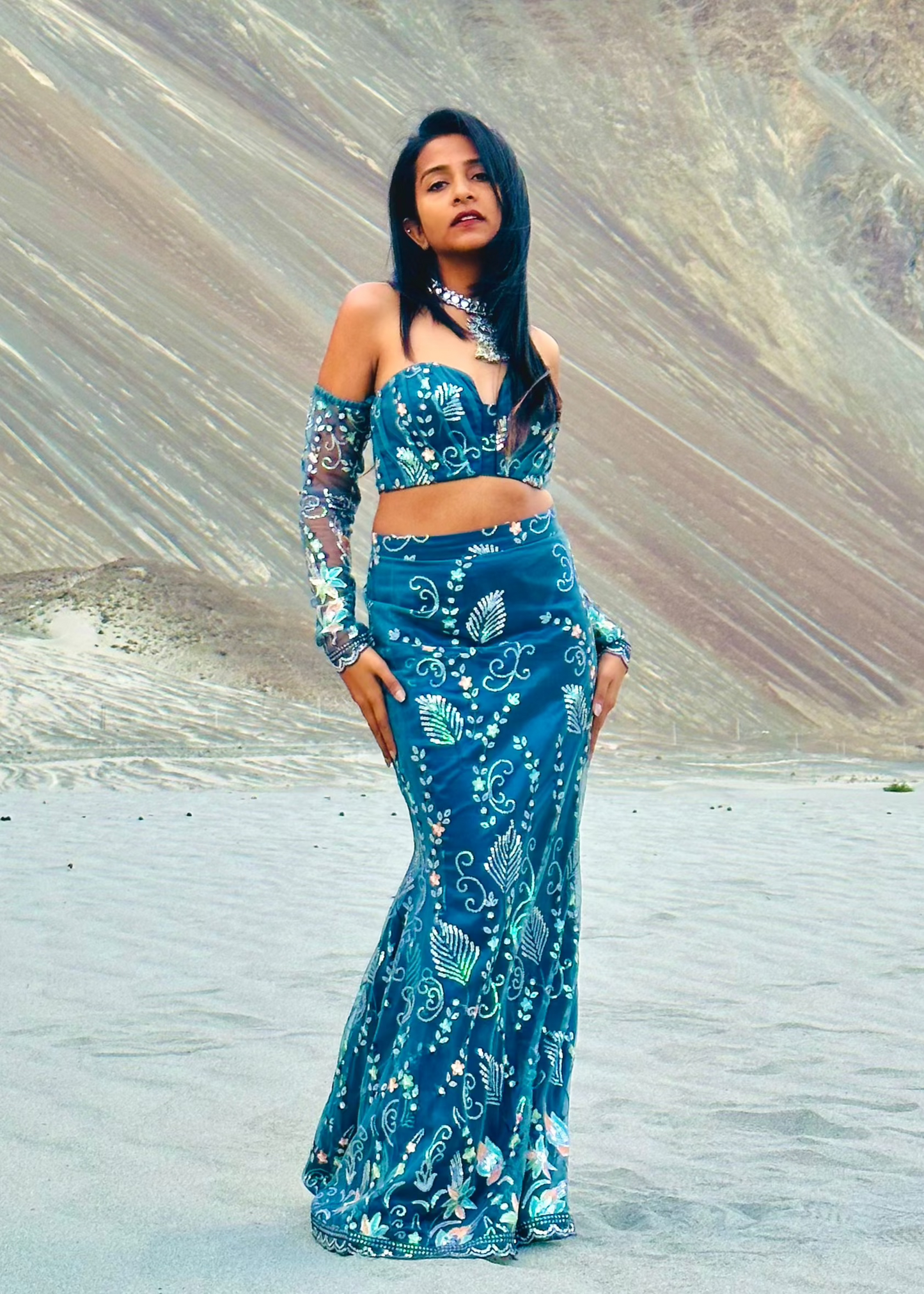 Teal Blue Mermaid Cut Lehenga