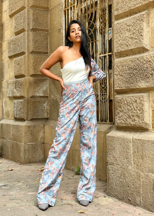 Powder Blue Embroidered Floral Jumpsuit