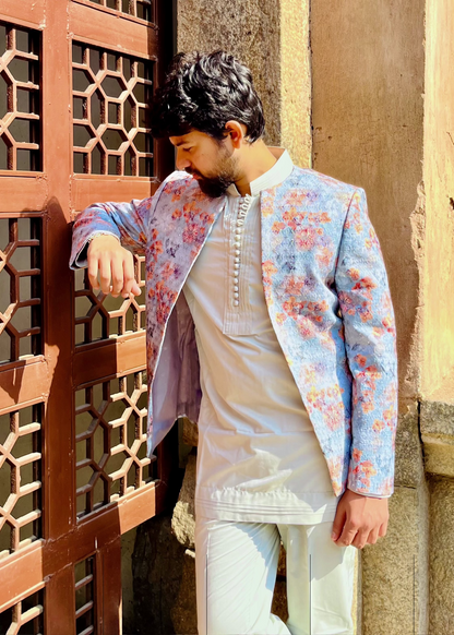 Floral Print and Embroidered Jacket Set