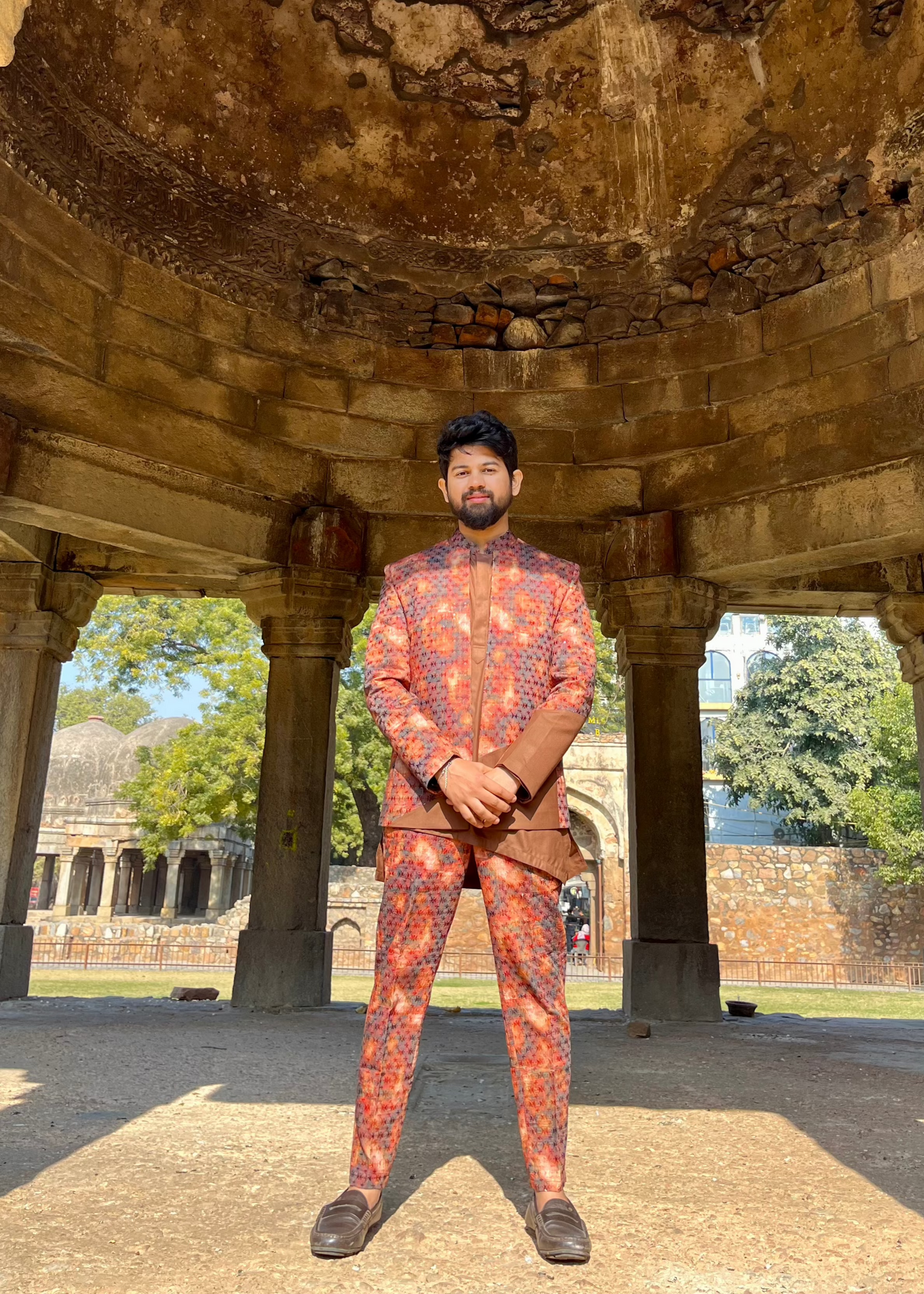 Floral Print Embroidered Rustic Orange Bandhgala Set