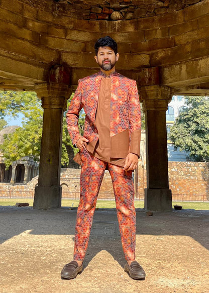 Floral Print Embroidered Rustic Orange Bandhgala Set