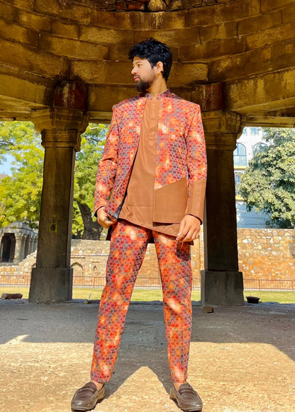 Floral Print Embroidered Rustic Orange Bandhgala Set