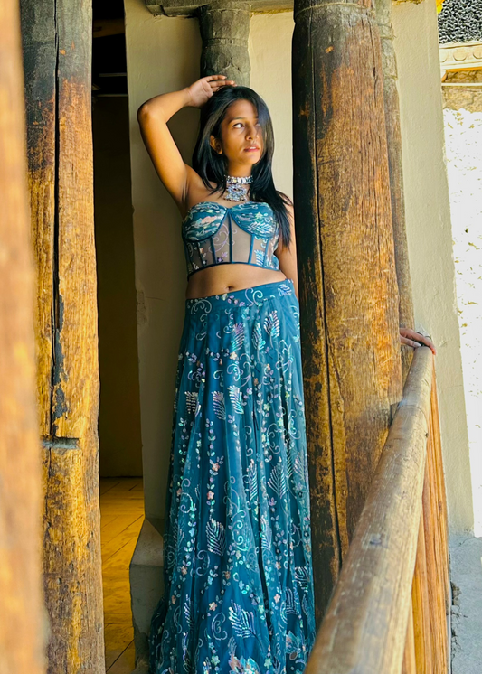 Teal Blue Corset and Lehenga Set